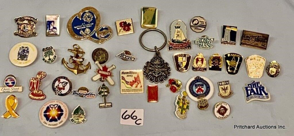 40 Lapel Pins, Key Chains, Buttons