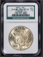 1922 $1 Peace Dollar NGC MS63 Binion Collection