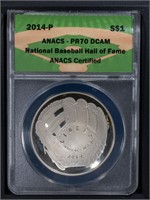 2014-P S$1 National Baseball HOF ANACS PR70DCAM