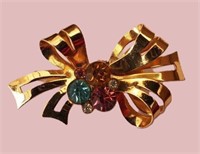 VINTAGE SIGNED "CORO" 1919 GOLD CRYSTAL BOW BROOCH