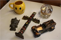 bank car,smiley mug,cross & items