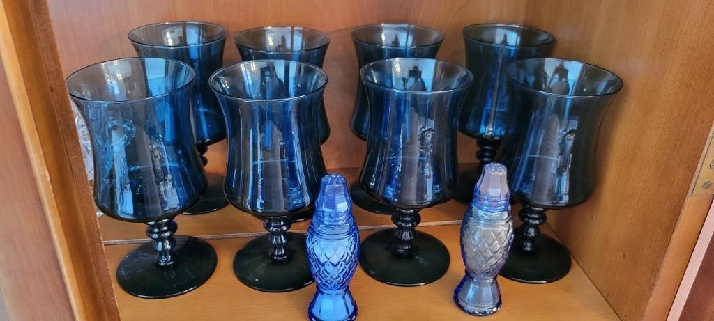 Blue glass goblets, S&P shakers, cocktail