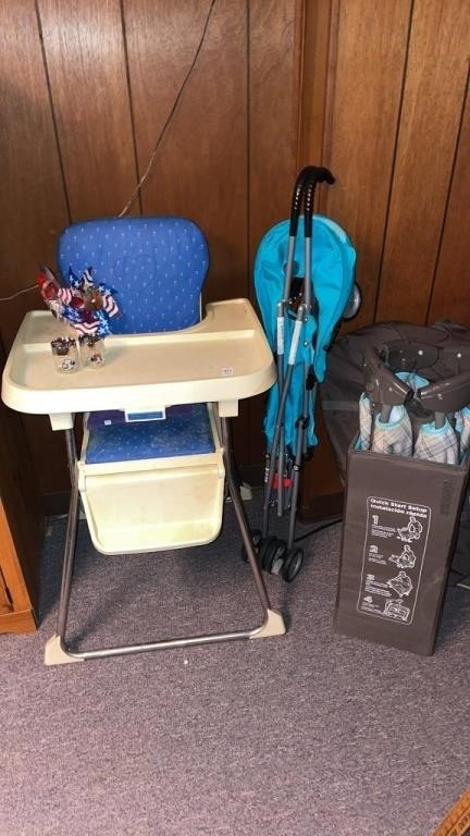 Vintage Fisher Price high chair, stroller & pack