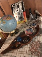 Microscope, globe, Haiti wooden tray, & phone
