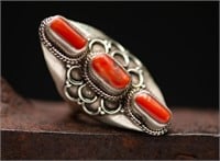Sterling Silver And Coral Triple Stone Ring Size 9