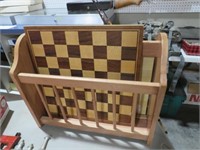 WOOD MAGAZINE RACK WITH CHECKER BOARD, TRAY MISC