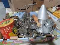 BOX OF KITCHEN WARE, STRAINERS, MISC ITEMS