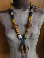 AFRICAN TRADE BEADS WITH COWRIE SHELL PENDANT VINT