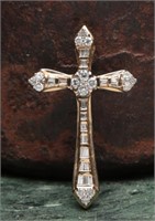 14K Gold & Diamond Baguette Cross Pendant - 3.7g