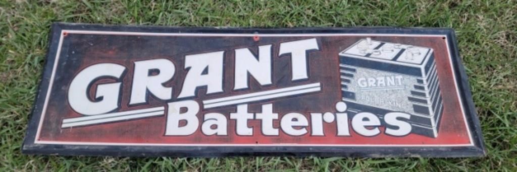 Grant Batteries embossed SSS sign, 39.25" x 13