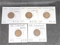 Lot of 5 Indian Head Pennies: 2- 1907 & 3- 1908