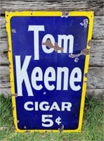 Tom Keene Cigar porcelain sign, 34" x 20"