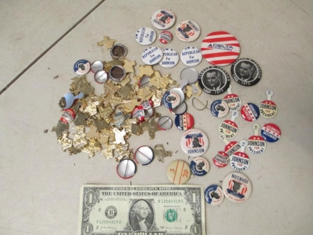 Large Lot of Vintage Political Pins & LBJ Pendants