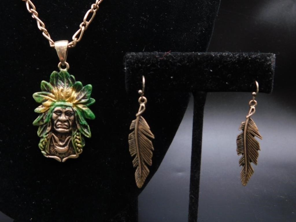 CHIEF NECKLACE WITH FEATHER EARRINGS JEWELRY LOT V
