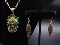 CHIEF NECKLACE WITH FEATHER EARRINGS JEWELRY LOT V