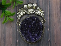 AMETHYST PENDANT WITH INTRICATE TOOLING VINTAGE AN