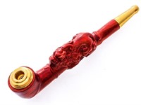 Hand Carved Mahogany Wood Pipe/ Brass