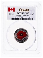 Canada 2015 25 Cents Poppy Colourized -PCGS MS67