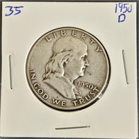 1950 D 90% Silver Franklin Half Dollar