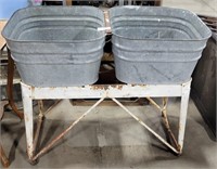 2 VTG. GALVANIZED WASH TUBS ON DUAL ROLLING STAND