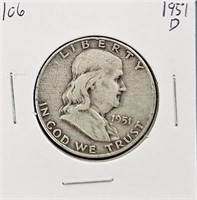 1951 D 90% Silver Franklin Half Dollar