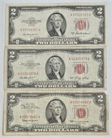(3) 1953 United States Red Seal $2 Dollar Bills