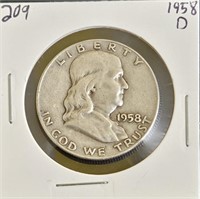 1958 D 90% Silver Franklin Half Dollar