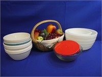 Ceramic Basket Of Fruit & Bowls