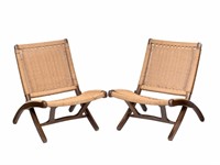Pair of Folding Lounge Chairs Style of Hans Wegner