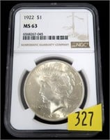 1922 Peace dollar, NGC slab certified MS-63