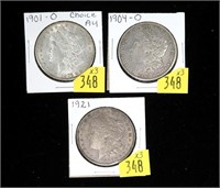 x3- Morgan silver dollars: 1901-O, 1904-O, 1921,