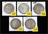 x5- Morgan silver dollars: 1884-O, 1886-O, 1887,