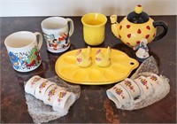 MISC. POTTERY, CHICKENS, NAPKIN RINGS, COFFEE CUPS