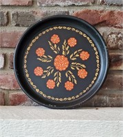 1962 13" BLACK HAND PAINTED ROUND METAL TRAY