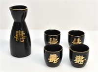 JAPANESE BLACK CERAMIC SAKE SET CARAFE & 4 CUPS