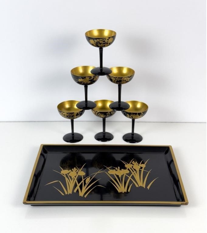 Japanese Lacquer Ware: Tray and 6 cups SZK