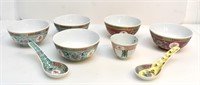 CHINESE HANDPAINTED RED TURQUOISE BOWLS & SPOONS
