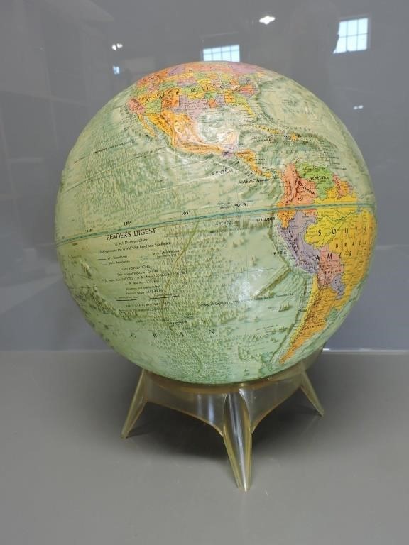 READER'S DIGEST 12 INCH DIAMETER GLOBE WITH STAND