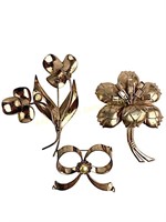 (3) Silver Floral, & Bow Brooch Pins