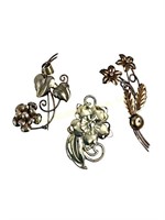 (3) Sterling Silver Flower Brooches. Pair Earrings