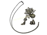 Silver Flower Brooch. Leaf Earrings. Chain