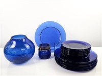 Cobalt Glass Plates Vase and Jar