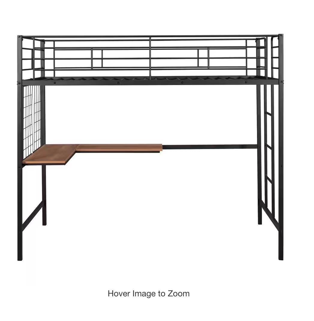 Black Twin Metal Loft Bed with Desk and Hanging