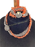 Coral & marcasite bead necklace & bracelet