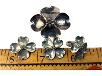 Sterling apple blossom pin, ring & earrings set