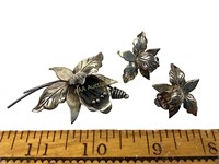 Sterling Silver Taxco Orchid Brooch & Earrings