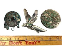 Mexican Silver Sombrero, Inlaid, & Insect Brooches