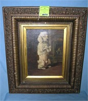Antique oil on canvas painting stick fetching pood