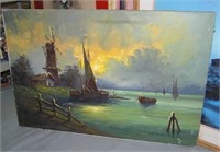 Oil on canvas windmill and water scene