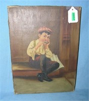Antique oil on canvas painting boy playing harmoni